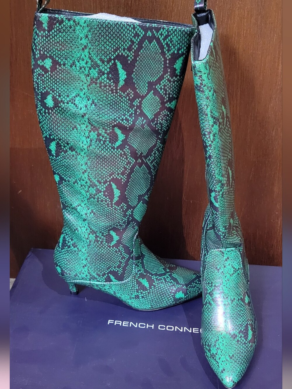 French Connection Green Snake-Print Knee-High Boots